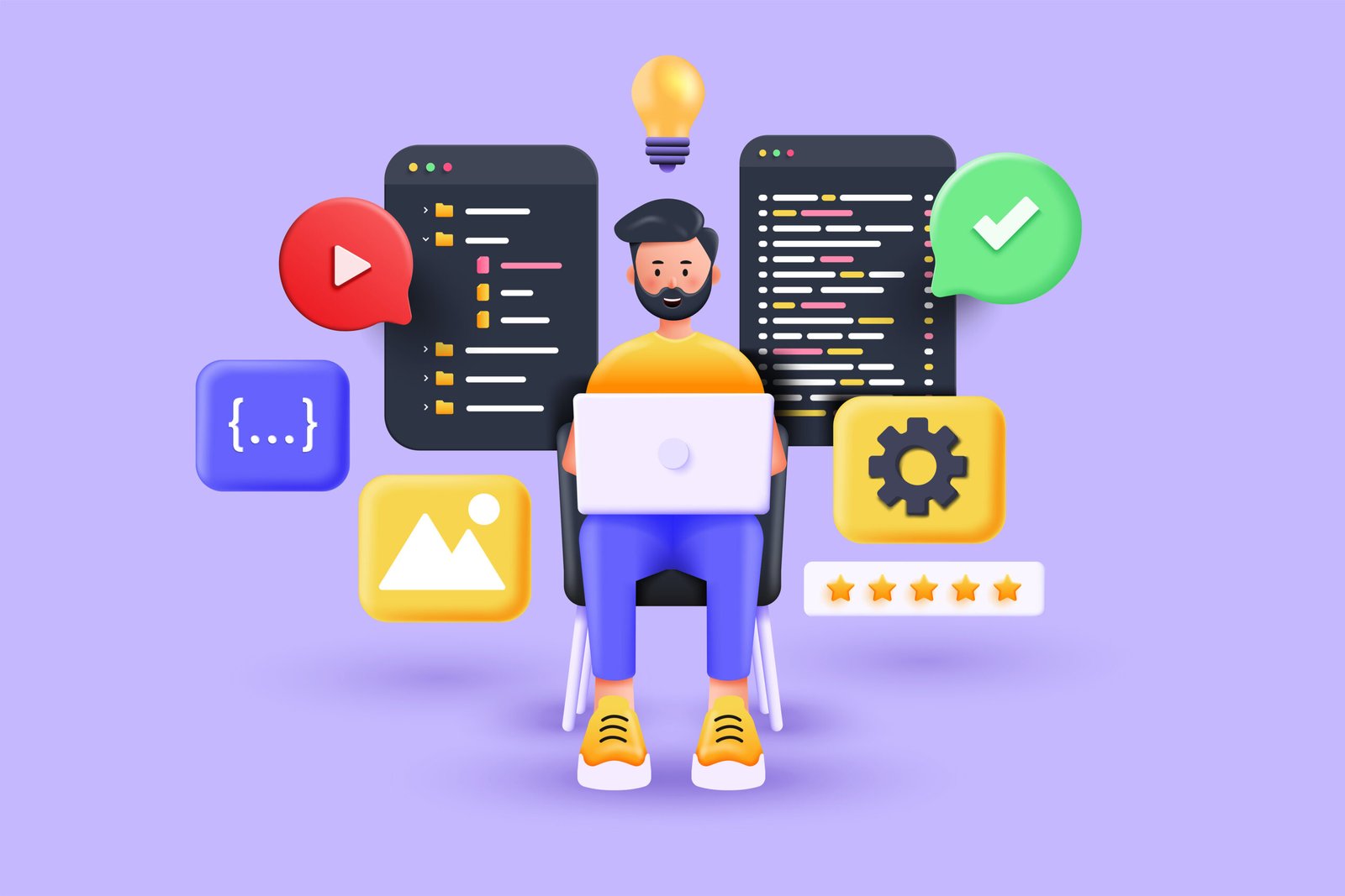 Java Homework Help developer cartoon beard handsome character casual man seat at desk working on laptop. A developer of project team of engineers for website coding. Software programming, web agency, professional employee at laptop. 3d vector illustration
